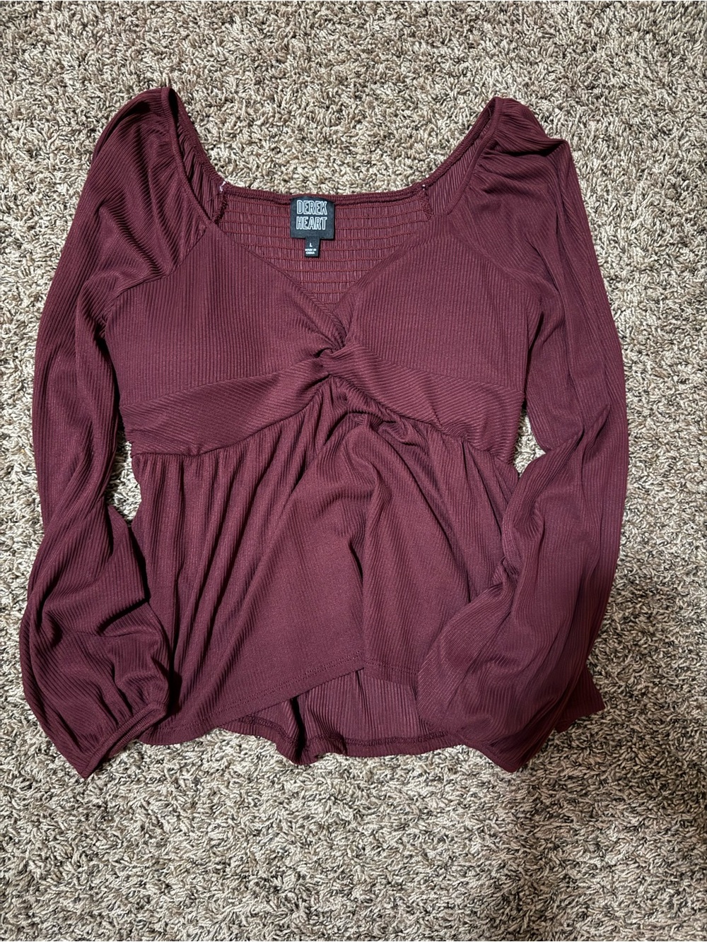 Derek Heart Long Sleeve Twist-Front Knit Top - Wine